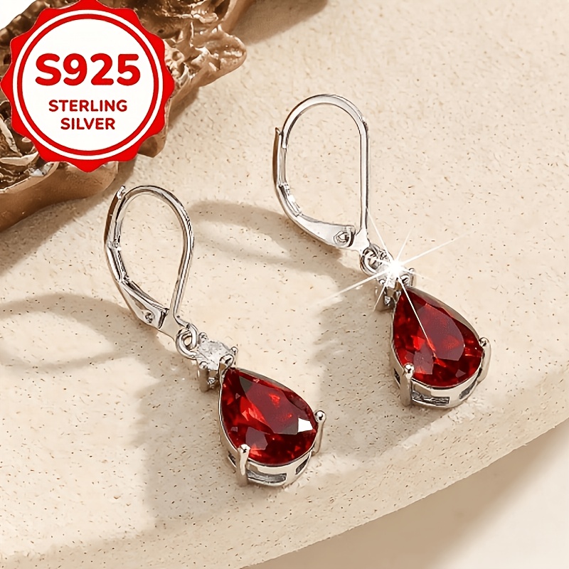 Women's 2pc S925 Sterling Silver Red Teardrop Drop Earrings